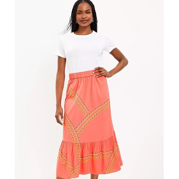Loft Embroidered Tiered Midi Skirt in Paradise Peach - Picture 1 of 9